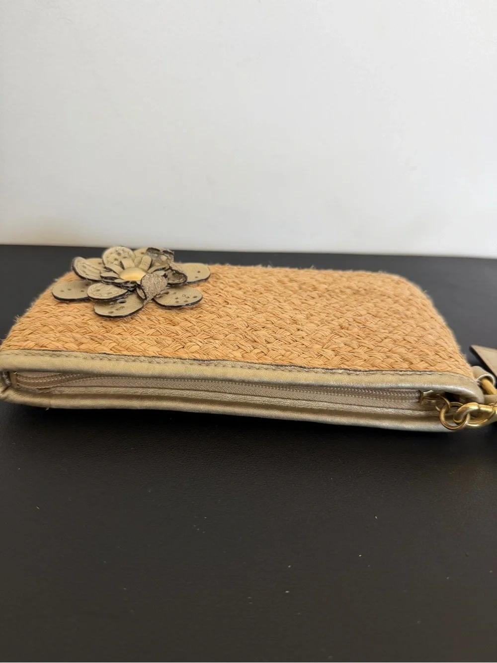 Coach Straw Floral Wristlet Metallic Leather Flower Wrist Strap